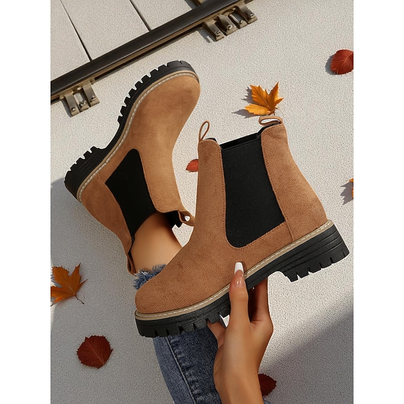 Women's Green Faux Suede Chelsea Ankle Boots – Slip-On Elastic Side Panel, Chunky Lug Sole, Casual Outdoor & Travel Footwear