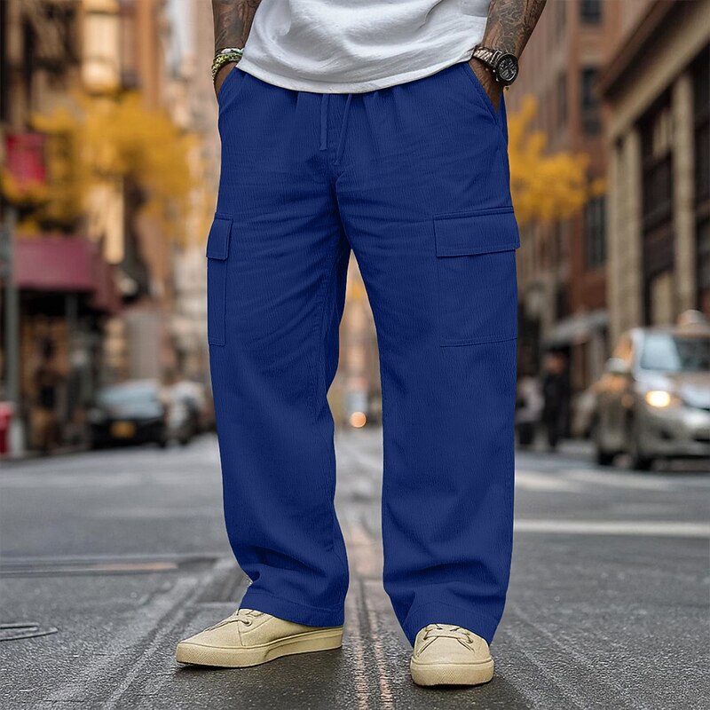 Men's Linen Pants Trousers Baggy Pants Drawstring Elastic Waist Straight Leg Plain Comfort Breathable Full Length Outdoor Casual Daily Vacation Fashion Black White Inelastic4