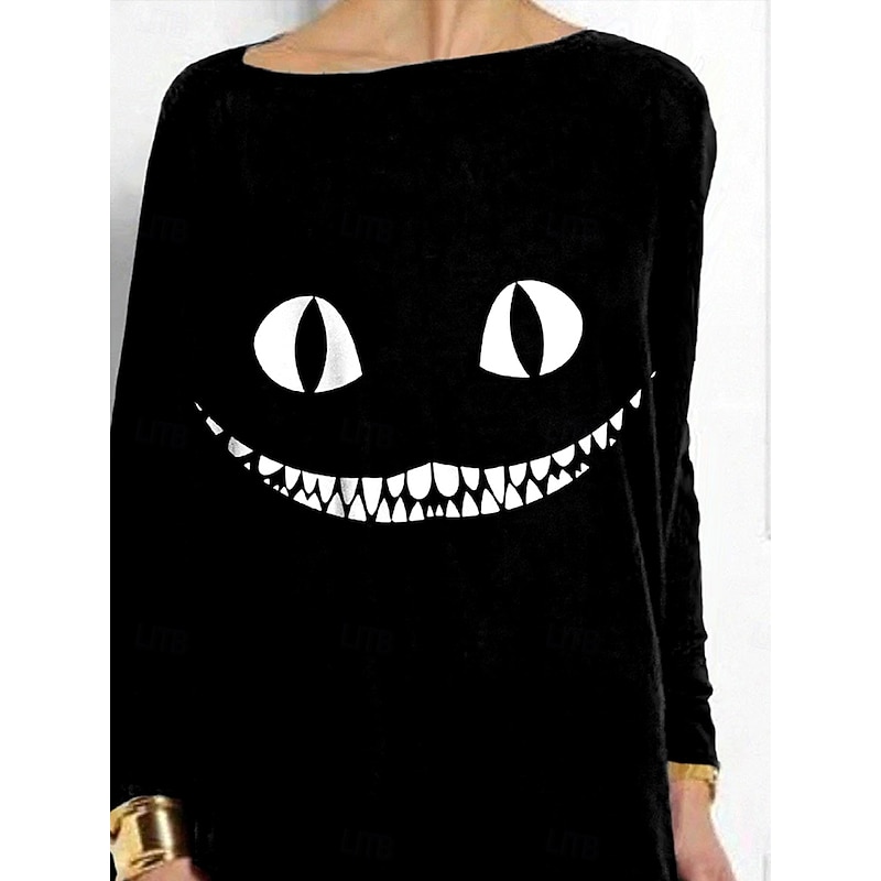 Halloween Women's T shirt Monster Graphic Skull Vintage Stylish Classic Long Sleeve Crew Neck Regular Tops Daily Weekend Print Asymmetrical Black Orange Fall Winter2