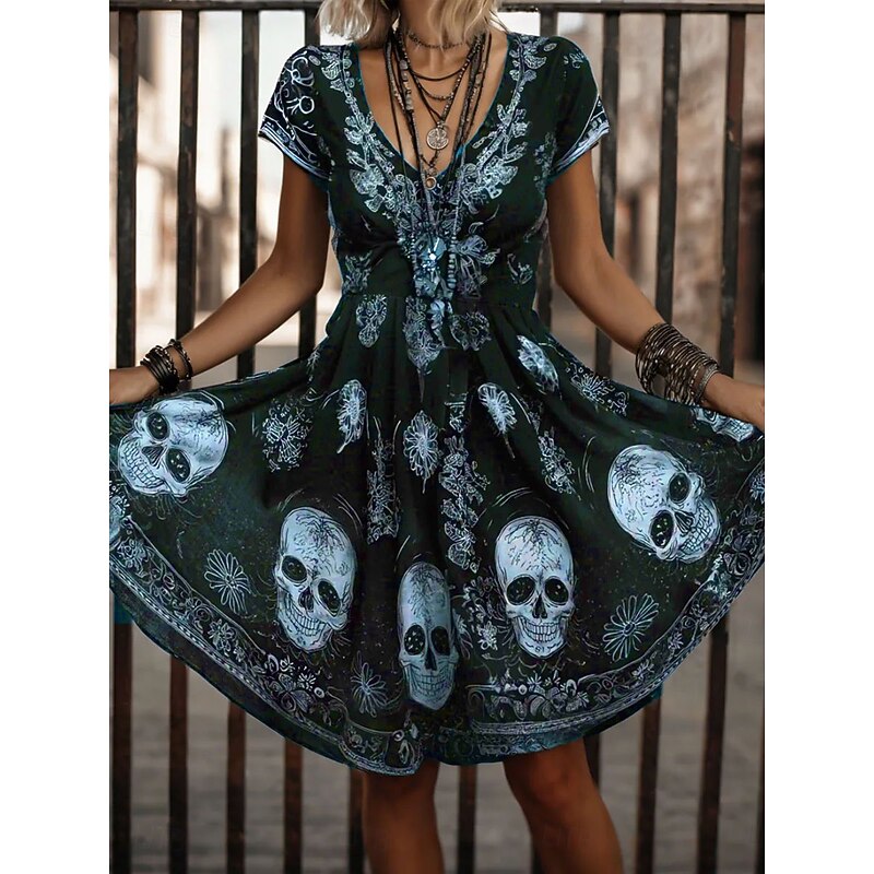 Halloween Women's Skulls Print Mini Dress Casual Dress T Shirt Dress Tee Dress Sundress A Line Dress Vacation Casual Boho Beach  Graphic Skull Short Sleeve V Neck White Pink Blue Purple Spring4
