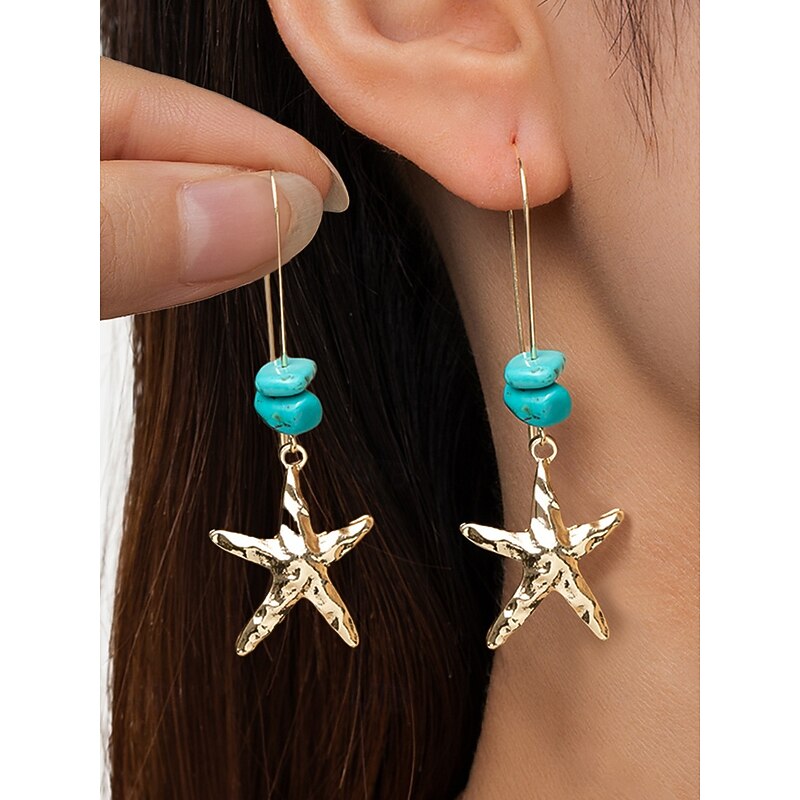 Women's Gold Starfish Dangle Earrings – Turquoise Stone Boho Beach Jewelry for Summer Vacations, Ocean-Themed Parties and Resort Wear