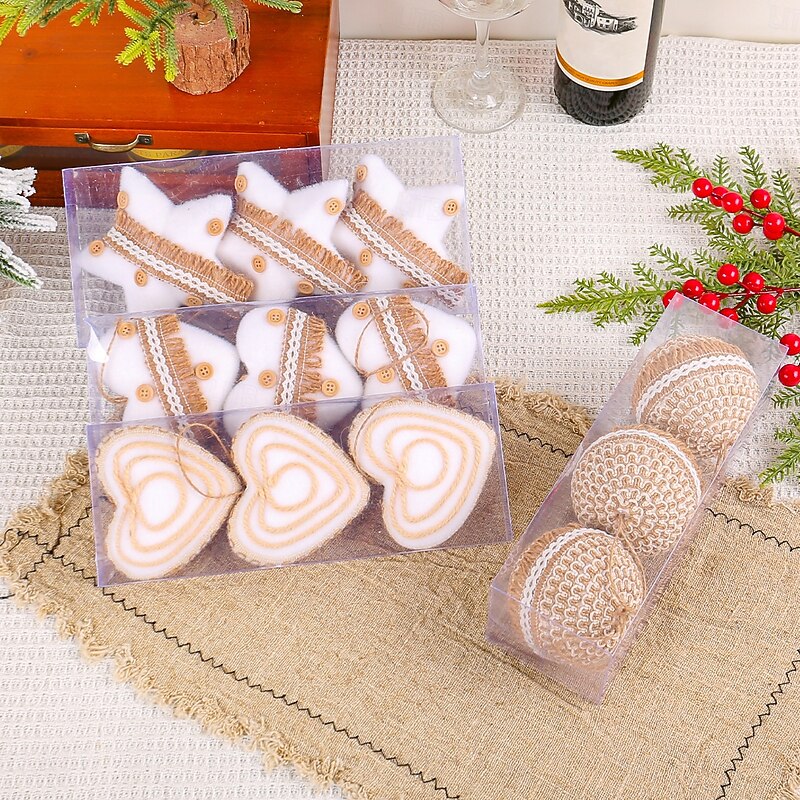3pcs Christmas Jute Twine Ornament Balls, DIY Hanging Ornaments, Star and Heart Shaped, Festive Christmas Tree Decorations, Holiday Atmosphere Accents
