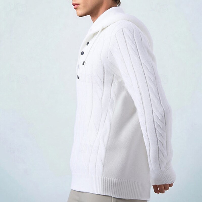 Men's Pullover Sweater Jumper Knit Sweater Ribbed Knit Regular Tops Buttons Knitted Plain Hooded Fashion Basic Vacation Daily Wear Clothing Apparel Fall Winter White M L XL2