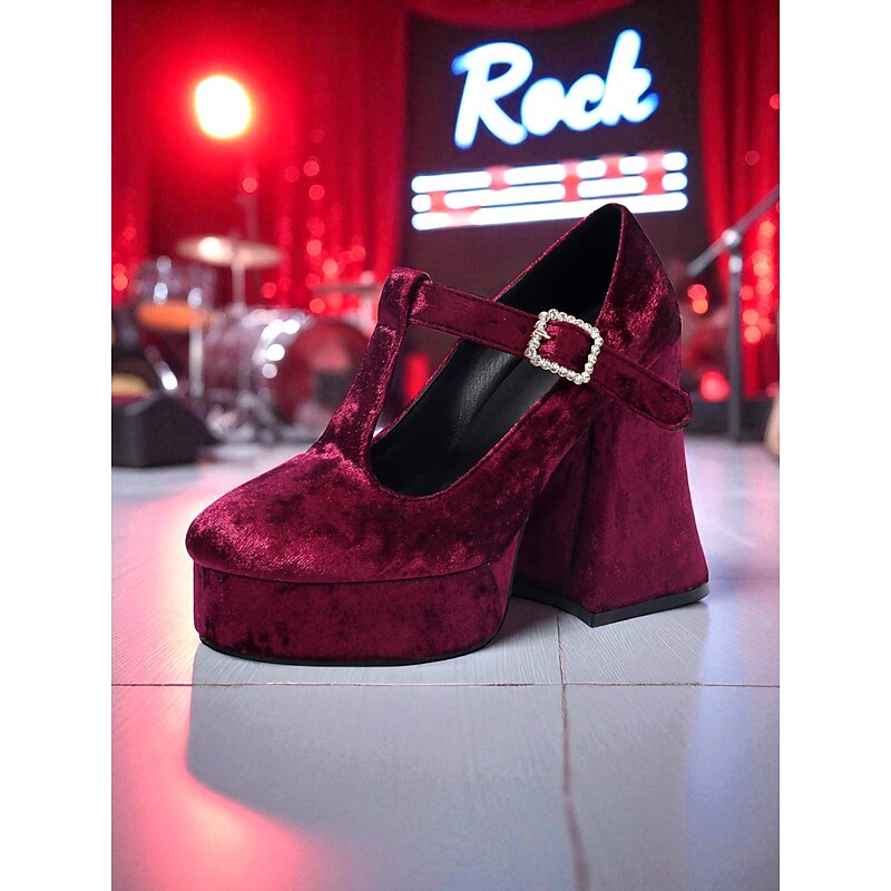 Women's Burgundy Velvet Mary Jane Platform Heels – 1970s Retro Style with Rhinestone Buckle and Flared Block Heel, Ideal for Vintage-Themed Parties, Stage Performances and Fall Fashion Events4