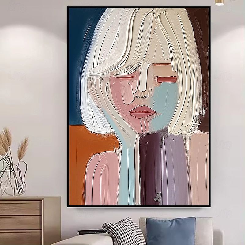 Handmade Oil Paintings Canvas Wall Art Decoration Modern Cream Style Abstract Hair Salons Women's Decorative Paintings for Home Decor Rolled Frameless Unstretched Painting