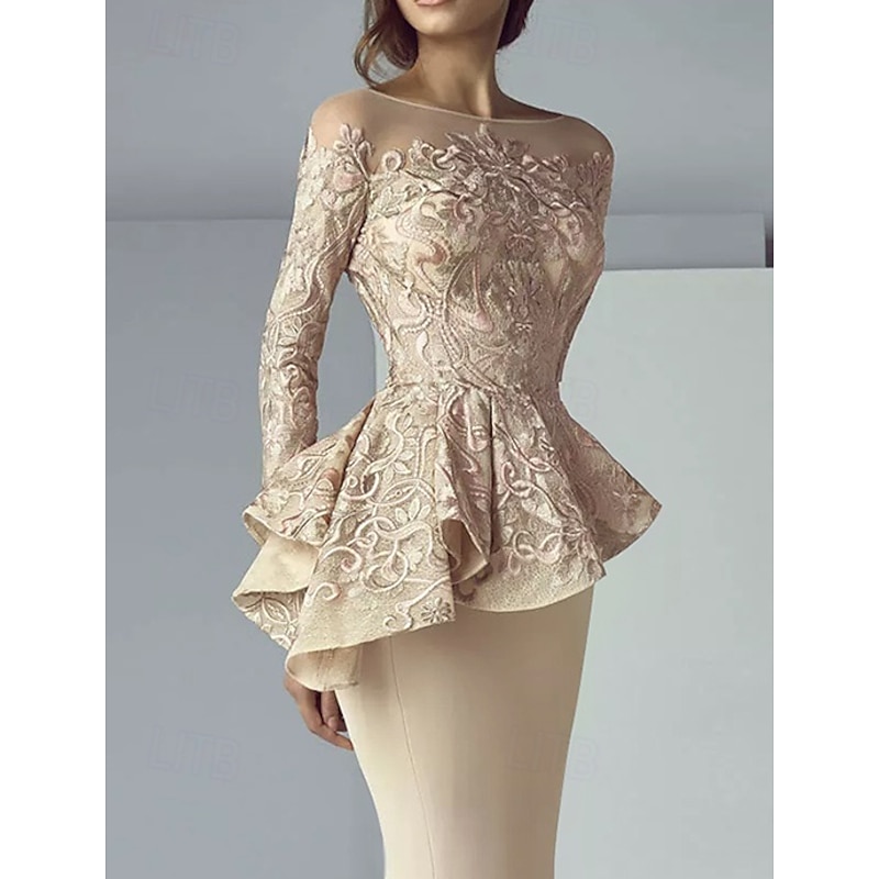 Mermaid Mother of the Bride Dress Formal Wedding Guest Elegant Scoop Neck Floor Length Lace Stretch Fabric Long Sleeve with Ruffles Appliques3