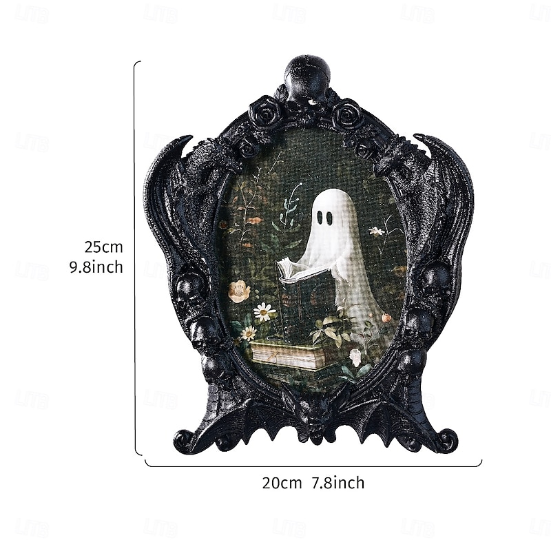 Halloween Ghost Photo Frame, 3D Resin Skeleton Dragon Skull Picture Frame with Spooky Book-Loving Ghost Design, Haunted House Party Decorations and Home Decor for Living Room Bedroom Study2