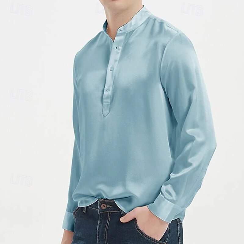 Men's Shirt Silk Like Satin Shirt Casual Shirt Pullover Plain Formal Wedding Black White Navy Blue Sky Blue Long Sleeve Henley Spring &  Fall All Seasons Clothing Apparel