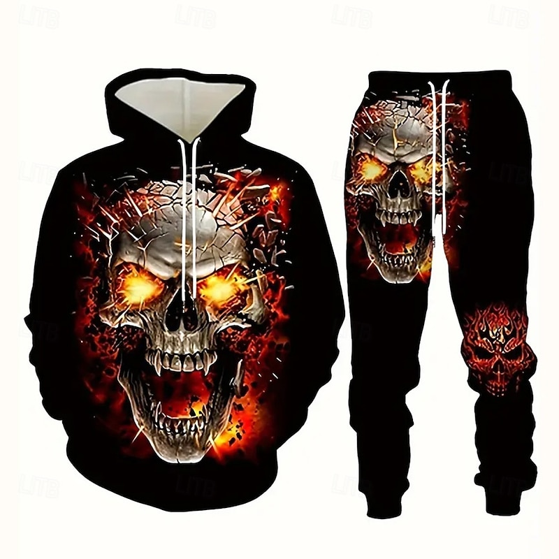Halloween Men's Skulls 2pcs 3D Sweatshirt Sets Tracksuit Hoodie Sweatshirt Long Sleeve Long pants Hooded Casual Daily Athleisure 3D Print Spring Fall Winter Black