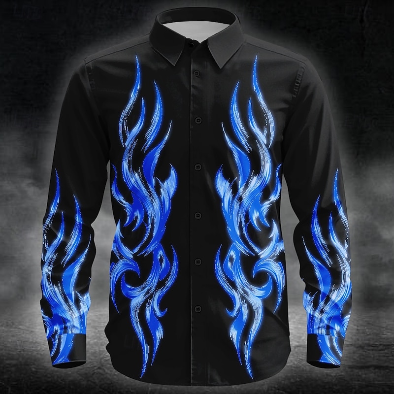 Halloween Men's Flame Neon Glow Shirt Button Up Shirt Long Sleeve Dark Punk Gothic Style Outdoor Holiday Summer Spring Turndown 3D Print Collared Shirts Blue Purple Green Rose Red3