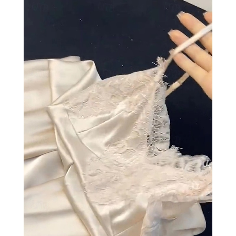 Women's Pajamas Nightgown Fashion Sweet Pure Color Lace Patchwork Vacation Home Bed Sleeveless Straps Beige Summer3