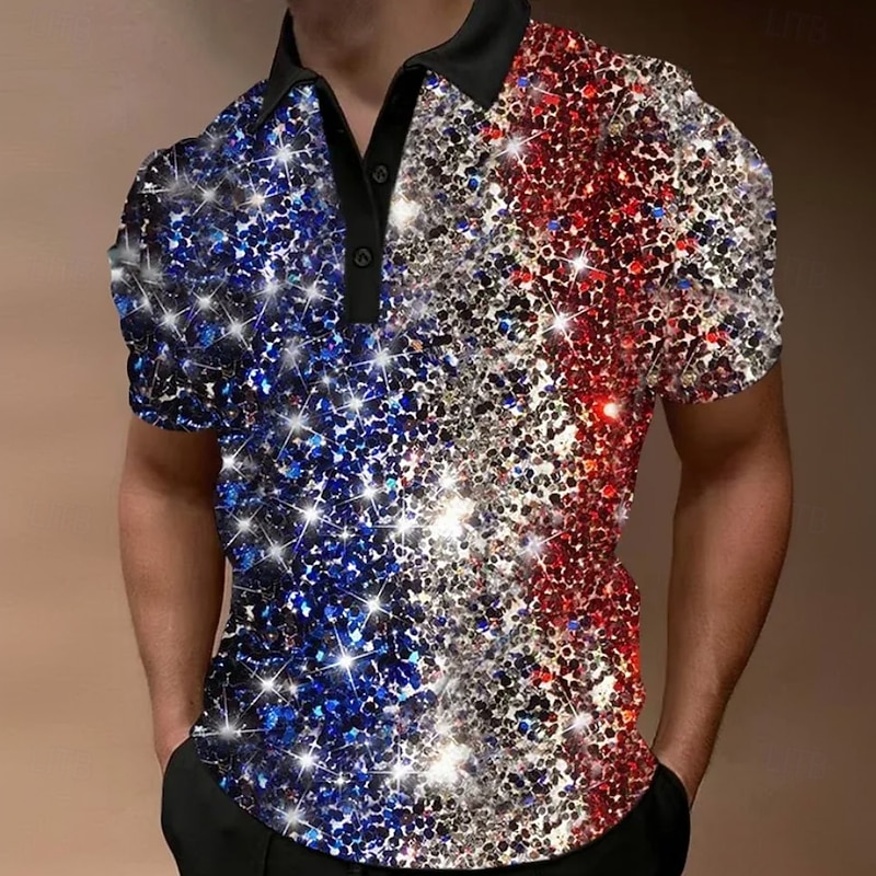 Men's Sequin Abstract Polo Short Sleeve Polo Shirts Lapel Casual Athleisure 3D Print Buttons Summer Blue