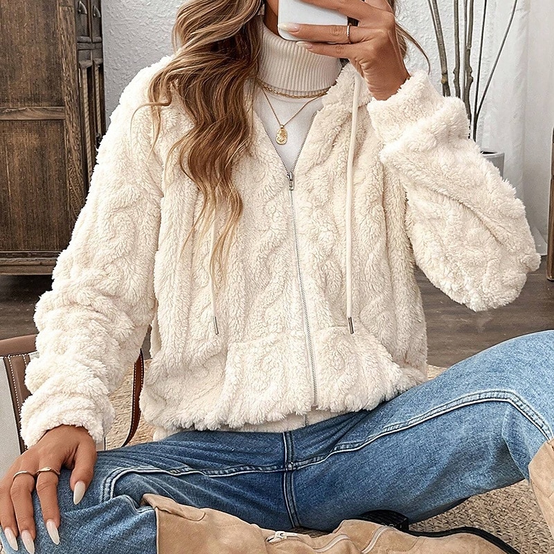 Women's Fleece Jacket Thick Warm Drawstring Long Sleeve Sports Solid Color Top For Outdoor Travel Vacation Activewear2