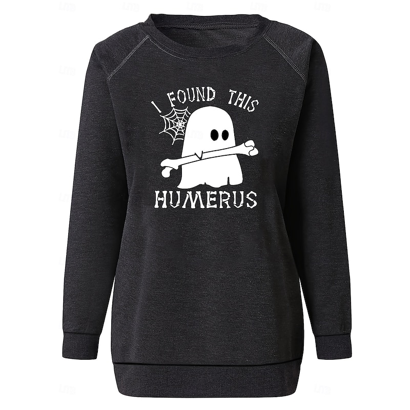 Halloween Women's Pullover Ghost Graphic Letter Casual Long Sleeve Crew Neck Regular Tops Casual Black Fall3
