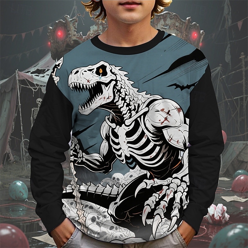 Halloween Boys' 3D Cartoon Skull Ghost T shirt Tee Long Sleeve Spring Fall Fashion Basic Kids 4-12 Years Crew Neck Outdoor Casual Daily Regular Fit4