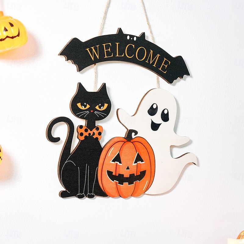 Halloween Party Wooden Welcome Ghost Cat Hanging Sign Black Cat Pumpkin Colorful Cartoon Printed Holiday Decoration Wall Ornament for Halloween Party3