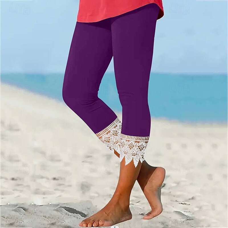 Women's Cropped Trousers Lace High Waist Athletic Pilates Running Bottoms Solid Color Black Burgundy Blue Sports Activewear3