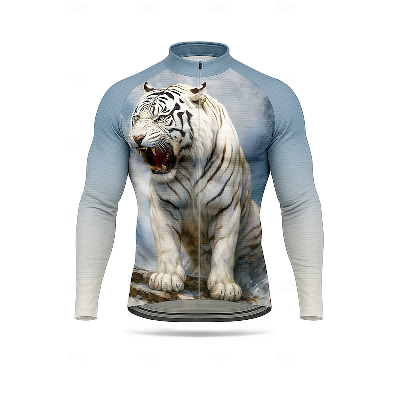 Men's Tops Cycling Jersey Graphic Tiger animal print Long Sleeve Bike Jersey Top with 3 Rear Pockets Sun Sun Protection Sunscreen Quick Dry Sports Blue Clothing Apparel