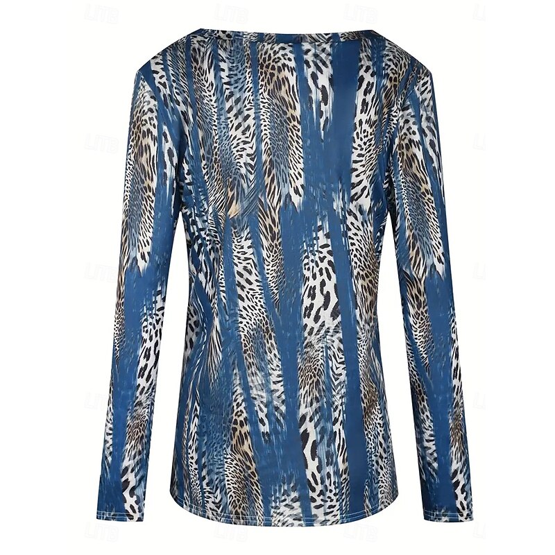 Women's T Shirt Graphic Leopard Vintage Stylish Casual Long Sleeve V Neck Regular Tops Daily Print Blue Spring Fall2
