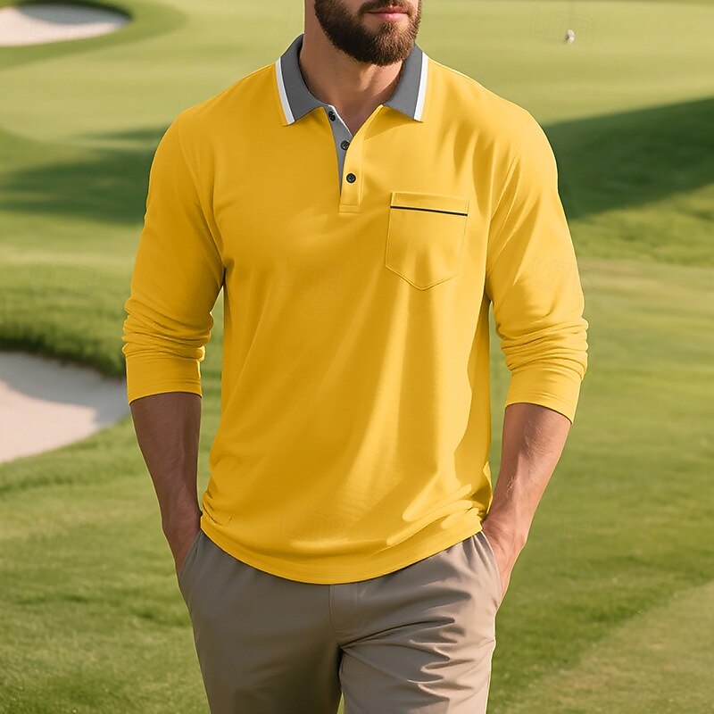Men's Golf Shirt Pique Polo Shirt Business Casual Ribbed Polo Collar Long Sleeve Fashion Basic Color Block Pocket Buttons Summer Spring Spring &  Fall Regular Fit Wine Black White Yellow Light Blue3