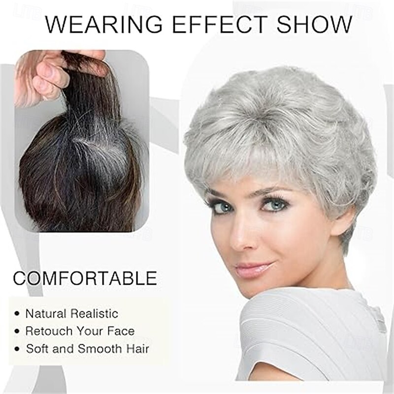 Short Curly Gray Wig Light Grey Wavy Wig For White Women Sliver Gray Synthetic Wig with Bangs Full Puffy Curly Old Grandma Cosplay Wigs for Women3