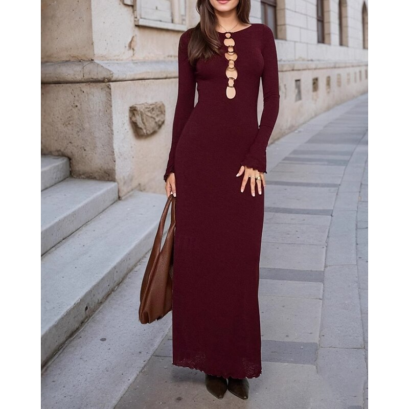 Women's Midi Dress Prom Dress Party Dress Fashion Party Special Occasion Evening Party Regular Fit Plain Long Sleeve Crew Neck Wine Fall2