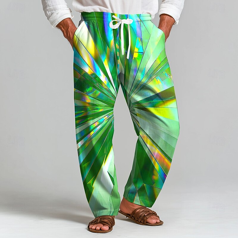 Men's Geometric Optical Illusion Laser Trousers Baggy Pants Casual Pants Mid Waist Fashion Outdoor Vacation Home Elastic Drawstring Waist Linen-Like Pants with Pockets Spring Fall 3D Print Blue Green2