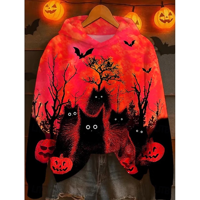 Women's Hoodie Pullover Sweatshirt Oversized Long Sleeve Casual Graphic Animal Cat Vintage Fashion Western Hooded Regular Tops Street Dailywear Patchwork Print Brown Gray Fall Winter2