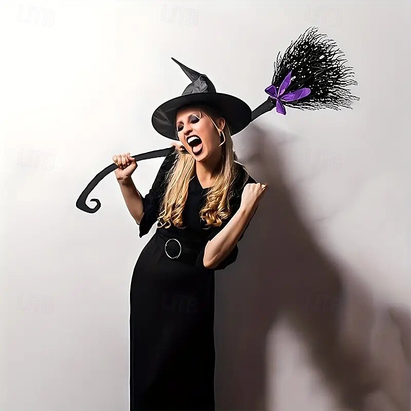 Halloween Witch Broom with Ribbon, Halloween Evil Witch Costume Accessory, Party Prop for Photo Booth, Spooky Holiday Decoration, Trick-or-Treat and Haunted House Decor2