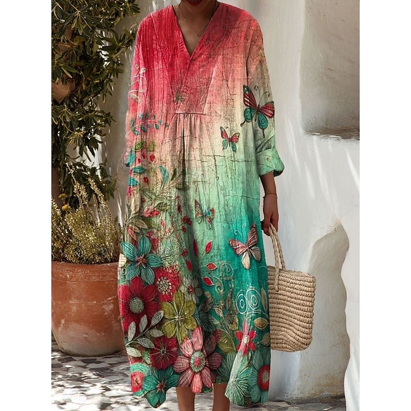 Women's Maxi Dress Sundress A Line Dress Casual Beach Holiday Loose Fit Ombre Graphic Geometric Long Sleeve V Neck Purple Green Gray Summer Spring Fall