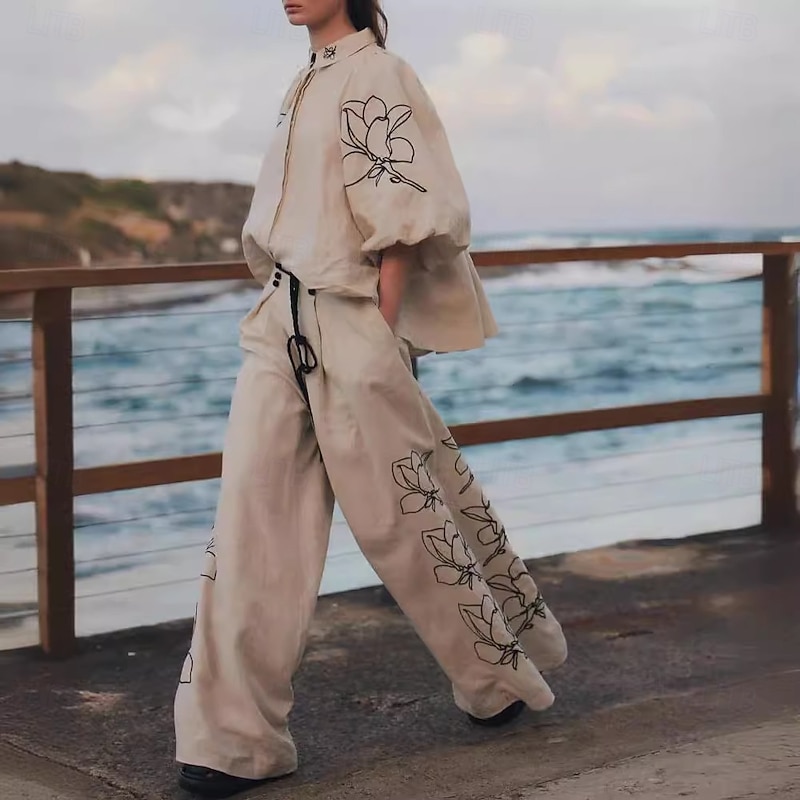 Women's Elegant Vacation Vintage Pants Sets Long Sleeve Lantern Sleeve Shirt Embroidered  Collar Floral Vacation Casual Daily Embroidery Set Spring Loose Fit