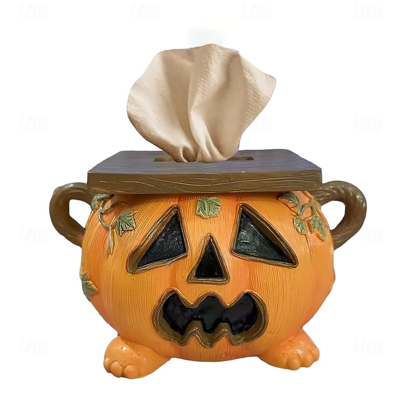 Halloween Pumpkin Tissue Box Holder Horror House Style Tissue Box Holder Cute Facial Paper Organizer Dispenser Toilet Paper Holder for Halloween Party, Kitchen, Bathroom, Office Desk Decor