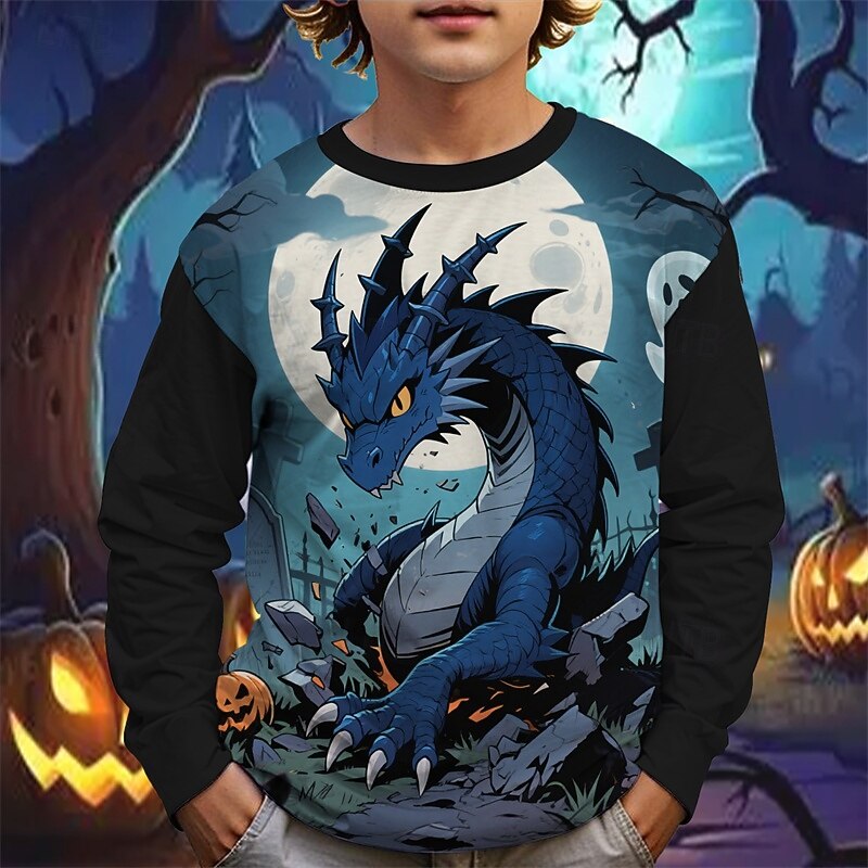 Halloween Boys' 3D Cartoon Skull Dinosaur T shirt Tee Long Sleeve Spring Fall Fashion Basic Kids 4-12 Years Crew Neck Outdoor Casual Daily Regular Fit2