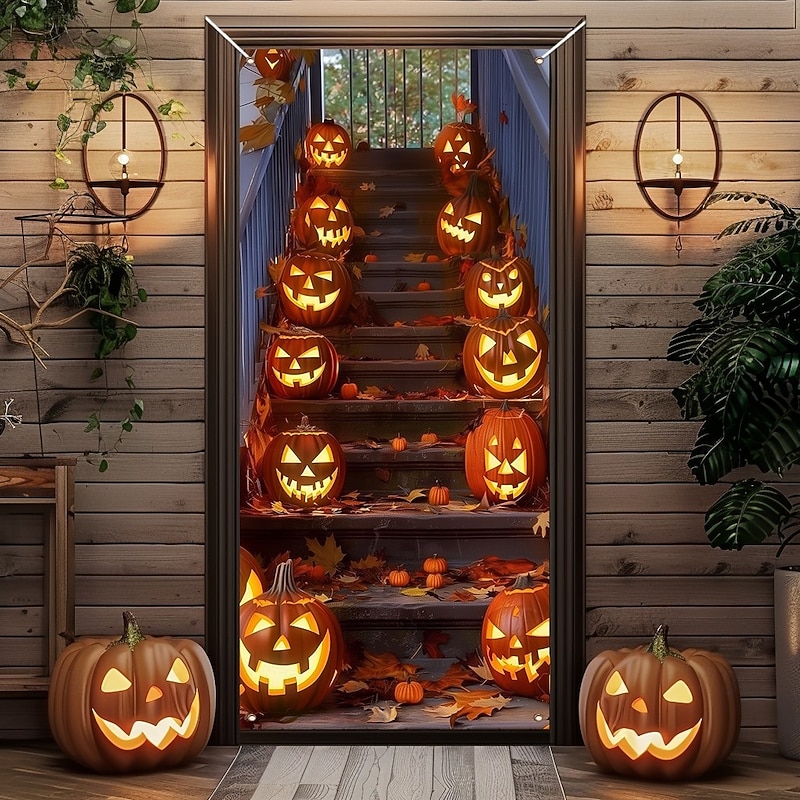 Halloween Door Decorations Halloween Door Covers Door Tapestry Pumpkins Forest Door Curtain Decoration Backdrop Door Banner for Front Door Farmhouse Holiday Party Decor Supplies3