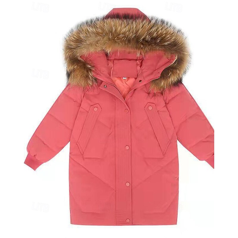 Kids Girls' Down Coat Solid Color Fashion Fur Trim Zipper Pocket School Coat Outerwear 4-12 Years Fall Black Pink Red3
