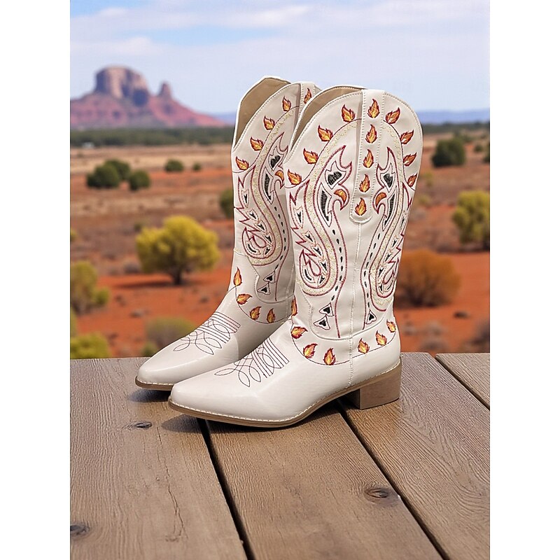 Women's White Western Cowboy Boots with Unique Colorful Embroidered Design and Block Heels, Bohemian Western Style Footwea