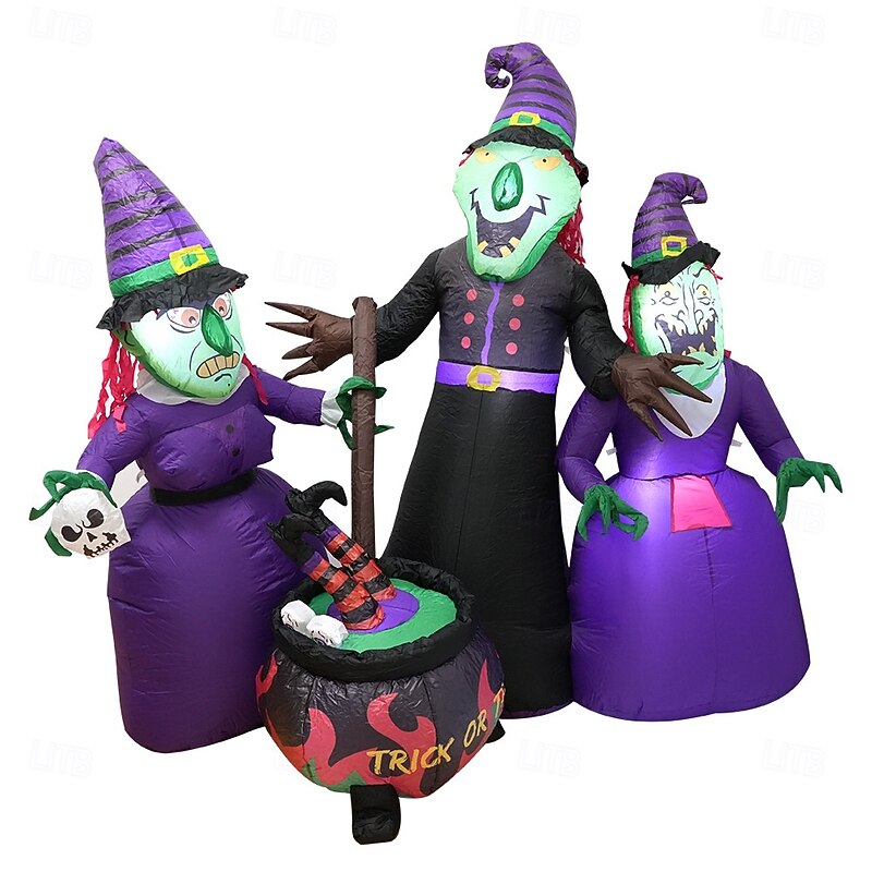 1 Pc 1.9M/6.23FT Halloween Three Witch Soup Making LED Light Inflatable Air Model Indoor and Outdoor Courtyard Garden Lawn Party Christmas Horror and Weird Atmosphere Decorative Light US/EU/UK/AU Plug3