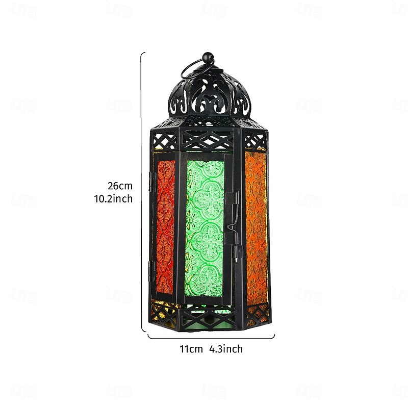 Vintage Iron Hanging Candle Lantern – 6-Sided Colored Glass Decorative Holder, Windproof Metal Tealight Lantern for Home, Bar, Restaurant, Wedding, Party Décor & Gift2