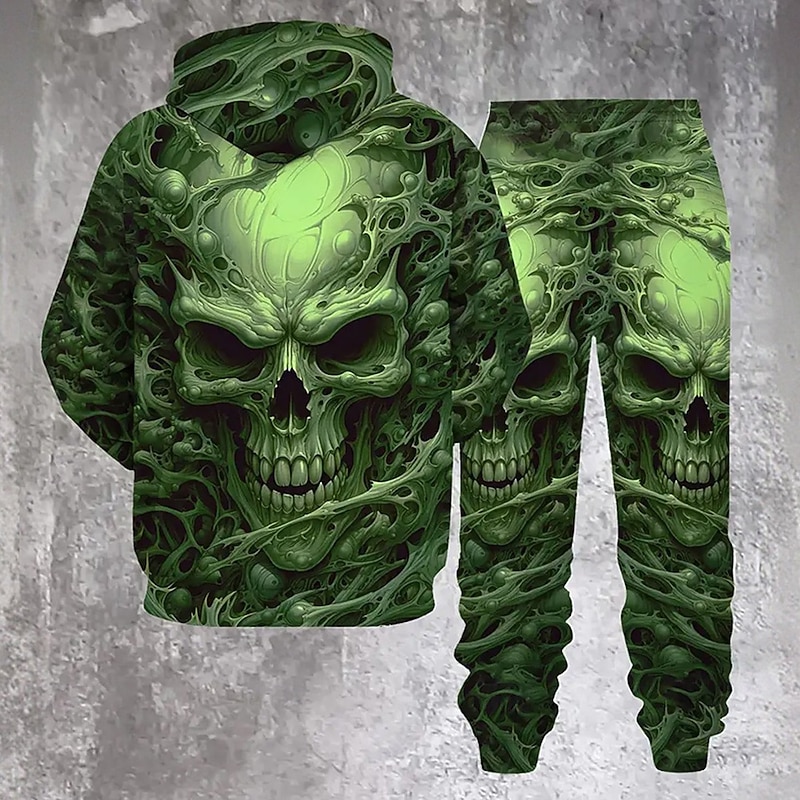 Halloween Men's Skulls 2pcs 3D Sweatshirt Sets Tracksuit Hoodie Sweatshirt Long Sleeve Long pants Hooded Casual Daily Street Athleisure 3D Print Spring Fall Winter Green2