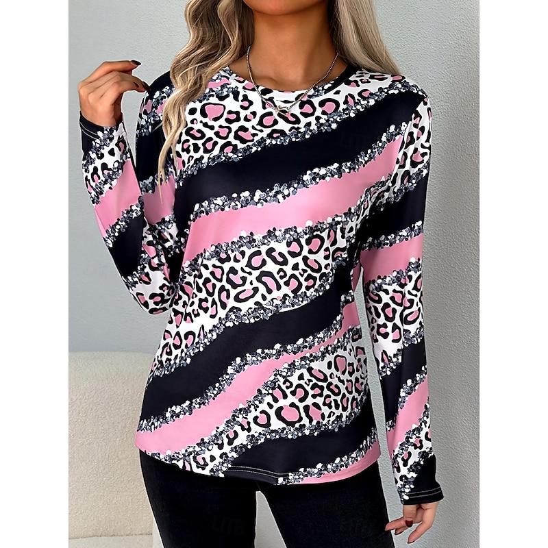 Women's T shirt Long Sleeve Graphic Leopard Geometric Vintage Stylish Casual Long Sleeve Crew Neck Round Neck Regular Tops Daily Print Pink  Spring Fall Prefall
