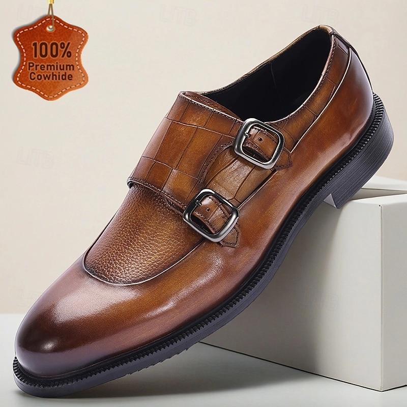 Men's Two-Tone Leather Monk Strap Dress Shoes – Classic Buckle Loafers for Gentlemen, Business Meetings and Elegant Gatherings