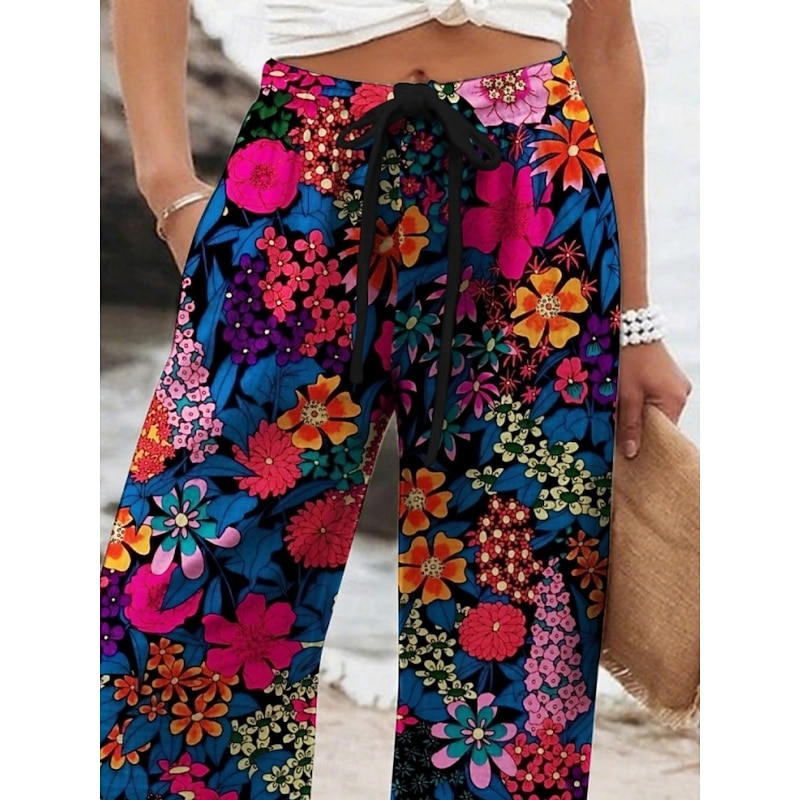 Women's Wide Leg Pants Trousers Vacation Casual Long High Waist Floral Elastic Waist Printing High Cut Breathability Soft Micro-elastic Vacation Street Daily Wear Blue Spring Fall Regular Fit2