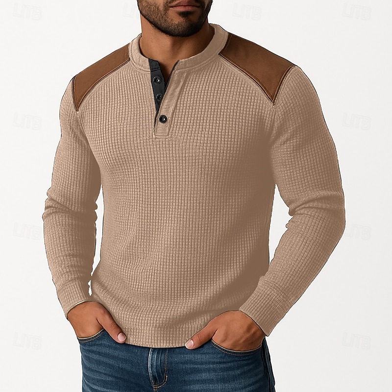 Men's Waffle Henley Shirt Tee Top Long Sleeve Henley Fall Spring &  Fall Color Block Fashion Designer Basic Patchwork Vacation Street Casual Black White Burgundy Top Tee for Men2