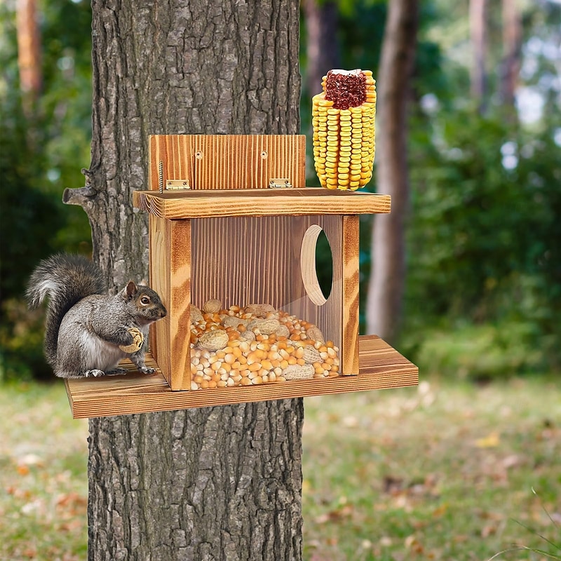 Squirrel Feeder, Wall Mounted Wooden Sturdy Structure Backyard Squirrel Canteen, Damp Proof Outdoor Log Squirrel Feeding Box for Garden, Tree