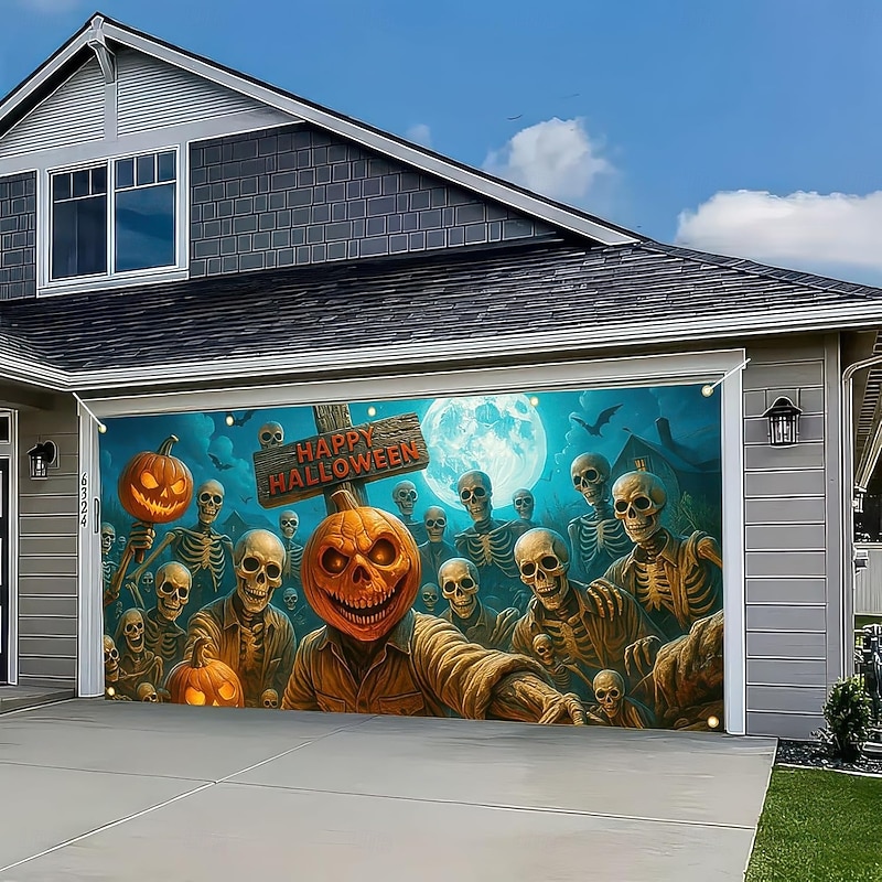 Halloween Tapestry Garage Door Cover Large Hanging Backdrop Pumpkin Ghost Dark Punk Gothic Style Party Outdoor Shooting Backgrounds Yard Haunted House Home Decor3