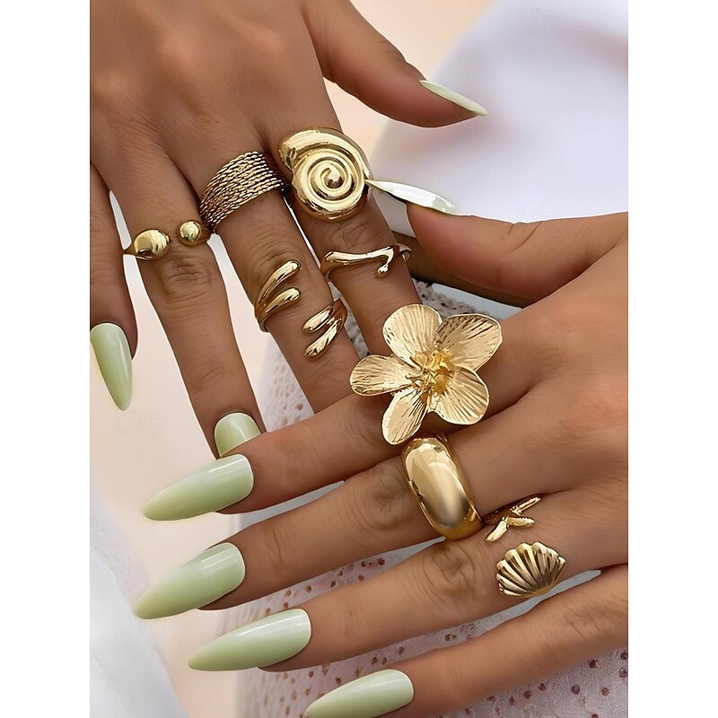Women's 8-Piece Gold Alloy Adjustable Ring Set – Bohemian Statement Jewelry with Floral, Shell, and Geometric Designs for Parties, Weddings and Everyday Wear2