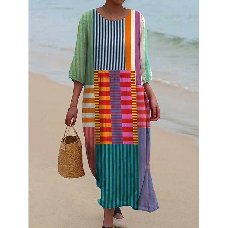 Women's Maxi Dress Kaftan 3/4 Length Sleeve Crew Neck Casual Shift Dress Dress Boho Daily Holiday Date Graphic Geometric Yellow Blue Purple Spring Fall3