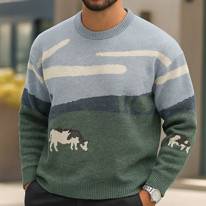 Men's Animal Landscape Cows Pullover Sweater Jumper Knitwear Crewneck Casual Vacation Home Street 3D Print Knitting Keep Warm Long Sleeve Spring Fall Winter Orange Green2