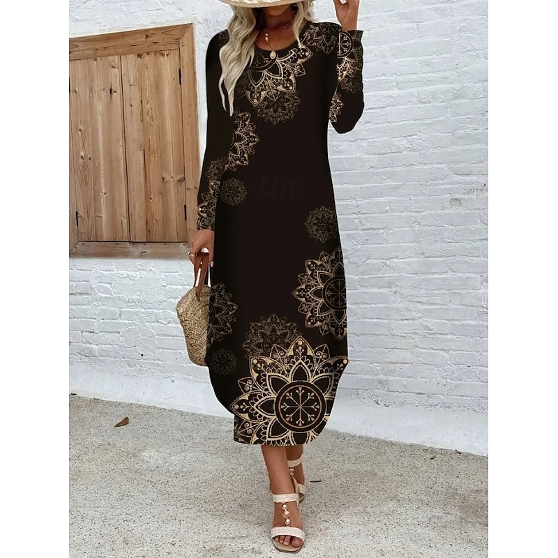 Women's Midi Dress Sheath Dress T Shirt Dress Tee Dress Vacation Casual Boho Holiday Date Regular Fit Graphic Geometric Tribal Long Sleeve Crew Neck Black Spring Fall Winter