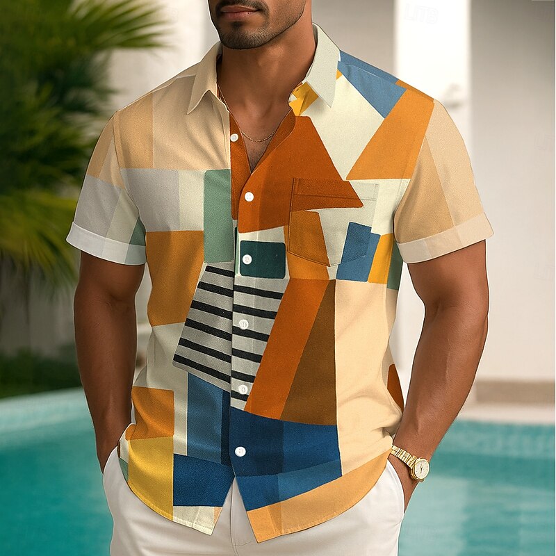 Men's Color Block Grid / Plaid Shirt Summer Shirt Button Up Shirt Short Sleeve Fashion Casual Outdoor Vacation Dailywear Summer Spring Turndown 3D Print Collared Shirts Front One Pocket Blue Green